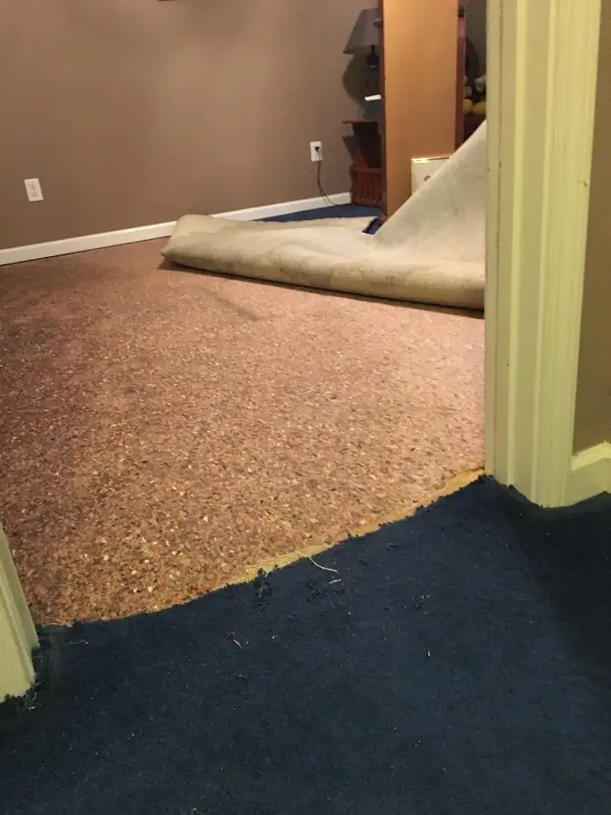 Carpet pad removal revealing water damage during Drying & Dehumidification in Meridian